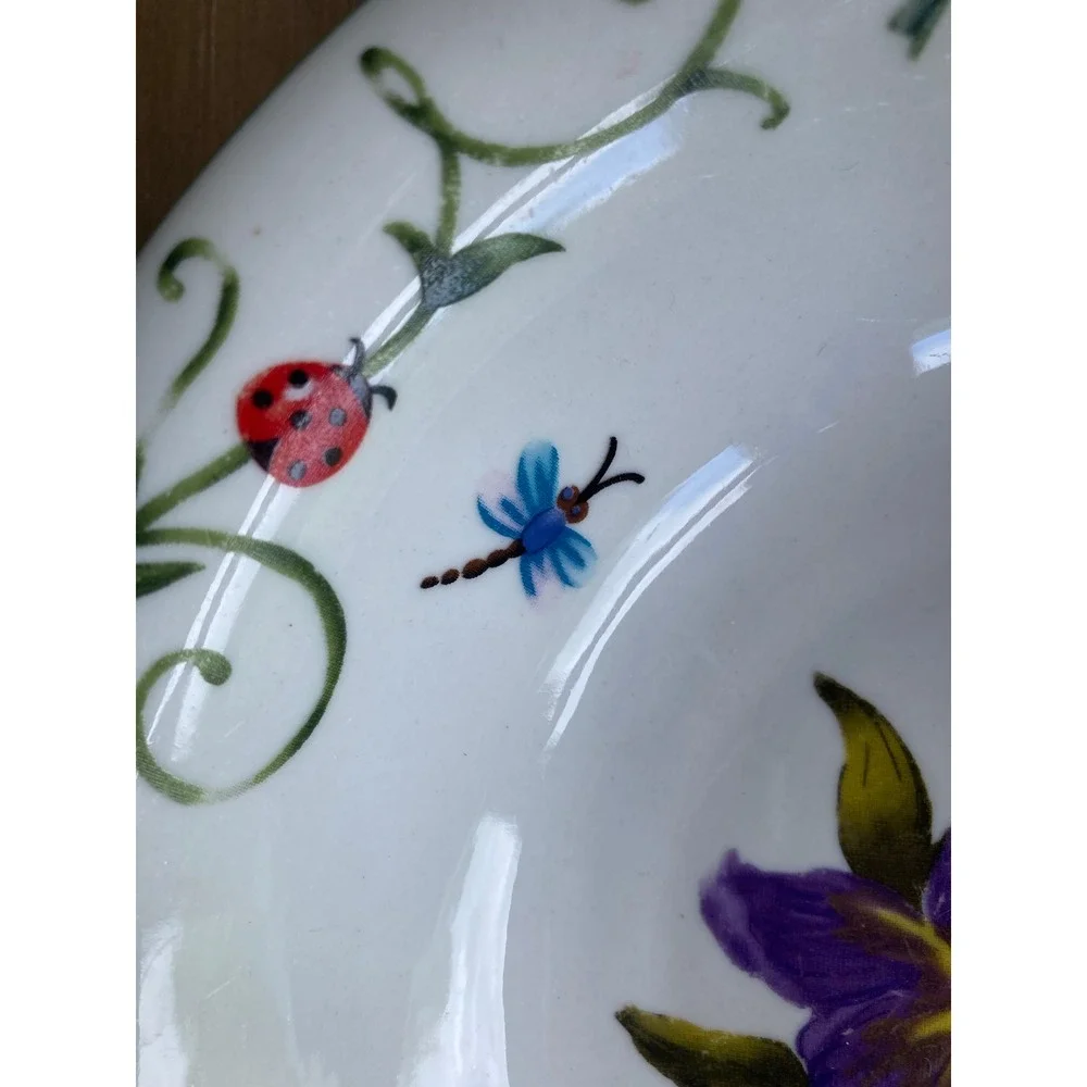 Tabletops Unlimited Botanical Garden Bowl Purple Iris Ladybug Dragonfly 8.5in